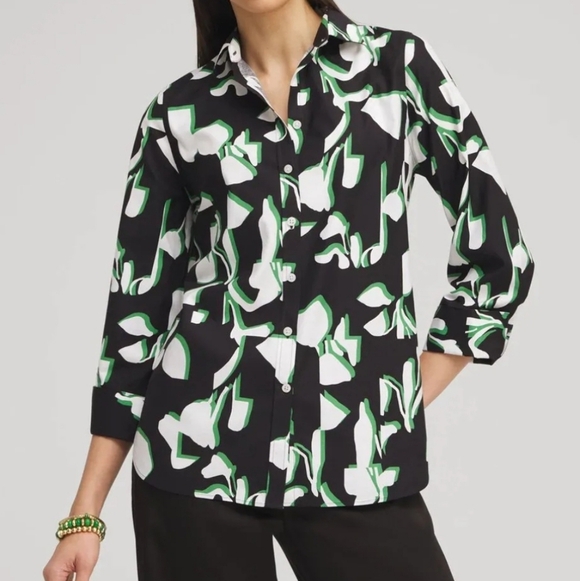 Chico's Non Iron Black and Green Floral Abstract Button Down 3/4 Sleeve Top 16 - Picture 9 of 11